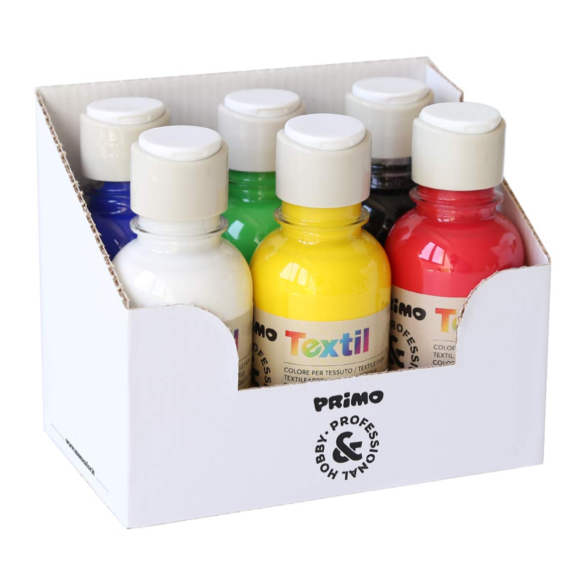 PRIMO Morocolor FIRST 6 Acrylic Bottle Fabric Paints, 125 ml, Intense and Shine, Colours to Dilute, Permanent, Washing Resistant, Safe and Compliant