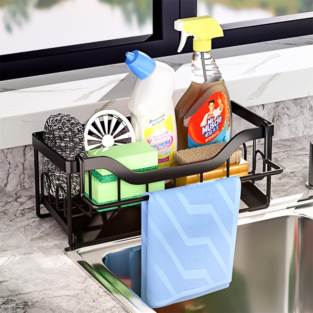 DMJWAN Kitchen Sink Caddy Organizer, 304 Stainless Steel Sponge Holder Sink Caddy for Dish Rags Brush Soap Scrubber with Auto Drain Tray (Black-b)