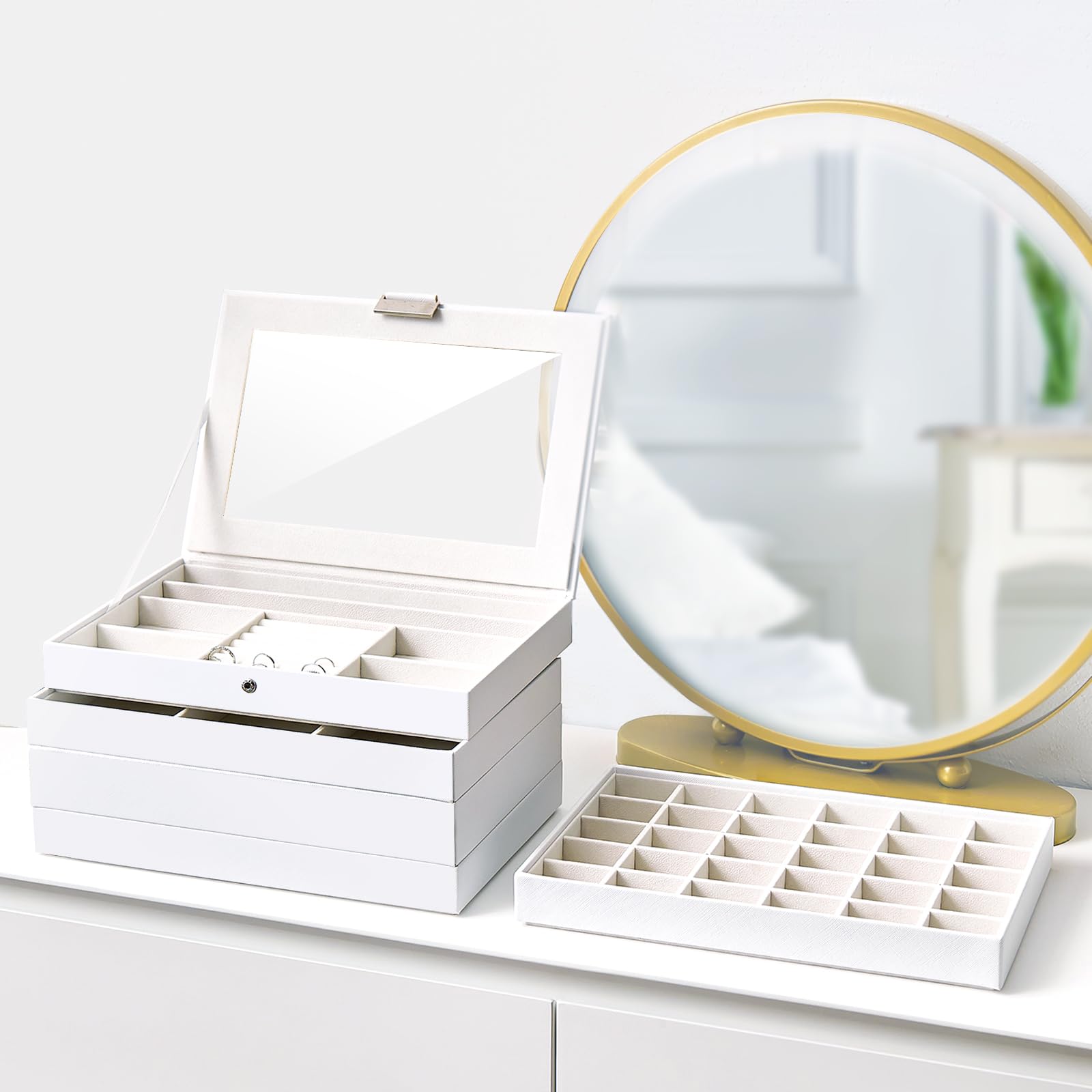 ProCase 5 Layers Stackable Jewelry Tray Box, Stackers Jewelry Trays for Dresser Drawer Storage, Jewelry Organizer Case with Lid -White