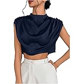 OYOANGLE Women's Elegant Cap Sleeve Satin Top Blouse Ruched Mock Neck Silk Camisole Tops Work Dressy Casual Crop Tops