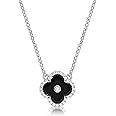 Lavari Jewelers Malachite, Black Onyx or Mother of Pearl and Cubic Zirconia Flower Pendant Necklace for Women in 925 Sterling Silver with Gold Plating on 16 to 18 Inch Adjustable Chain Spring Ring