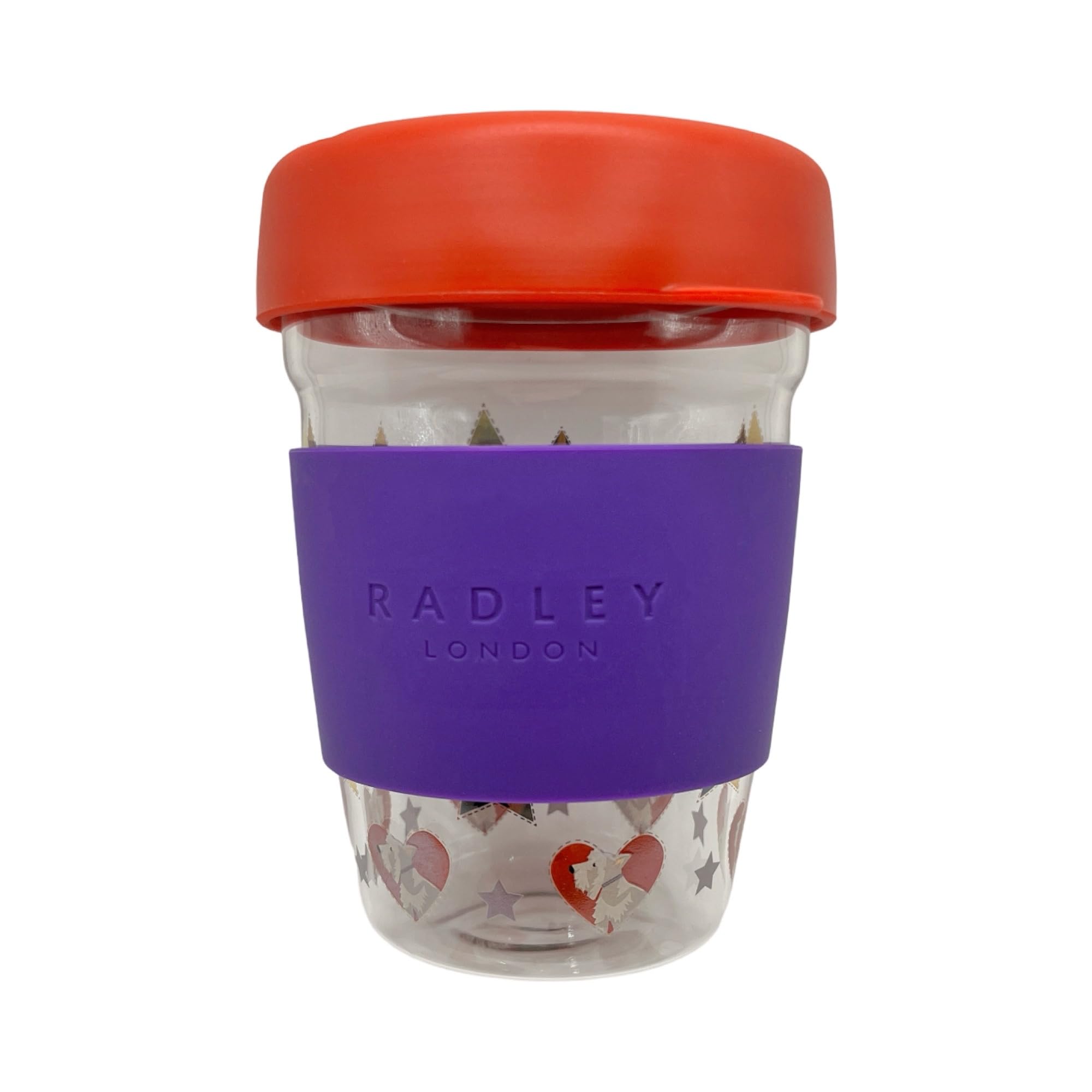 RADLEY London Womens Scottie and Star Glass Travel Cup Mug 350ml Capacity in Amethyst