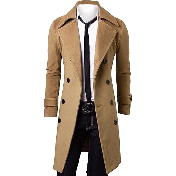 Men Long Trench Coat Double Breasted Notched Collar Pea