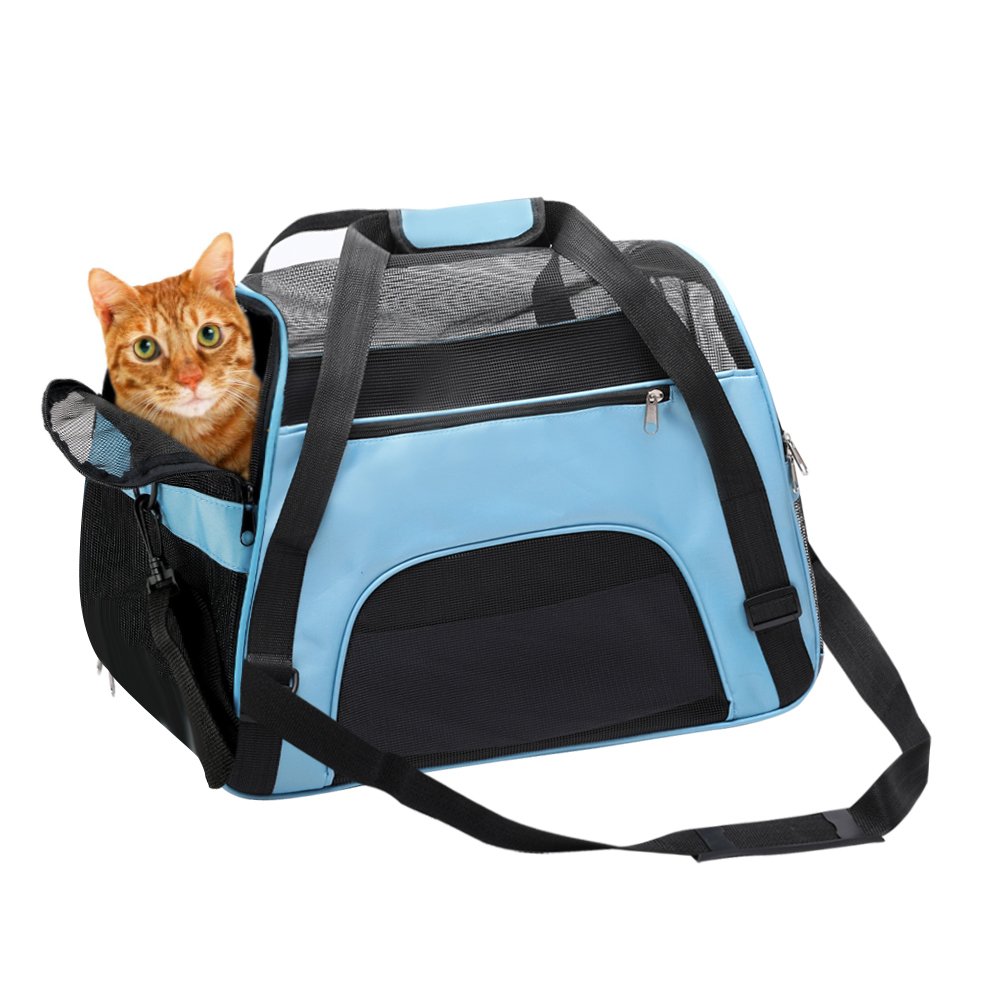 DONYER POWER Soft Sided Pet Carrier for Cats Comfort Airline Approved Under Seat Travel Tote Bag, with Mesh Top and Sides, BLUE