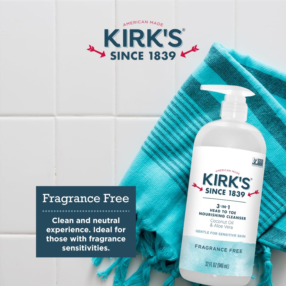 Kirk's 3-in-1 Head to Toe Nourishing Cleanser & Travel Size Bar Soap - for Men, Women & Children, Made with Premium Coconut Oil and Aloe Vera, Non-GMO & Vegan, Fragrance Free, 32 Fl Oz.