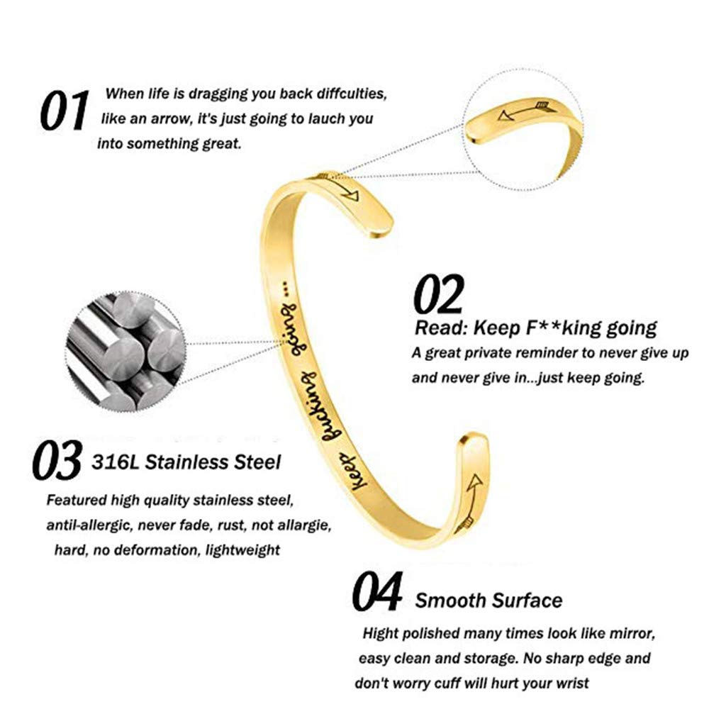 GAGAFEEL Inspirational Bracelet Mantra Cuff Engraved Keep Going Stainless Steel Bangle Encouragement Jewelry Gift for Women Girl Teen Friends (Gold)