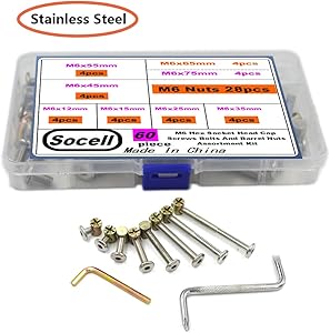 Socell 62pcs Crib Bunk Bed Furniture Hardware Replacement Kit, Stainless Steel Hex Drive Socket Cap Furniture Barrel Screws Bolt Nuts Assortment Kit for Crib Screws with 2 Wrenches(M6x12mm-75mm)