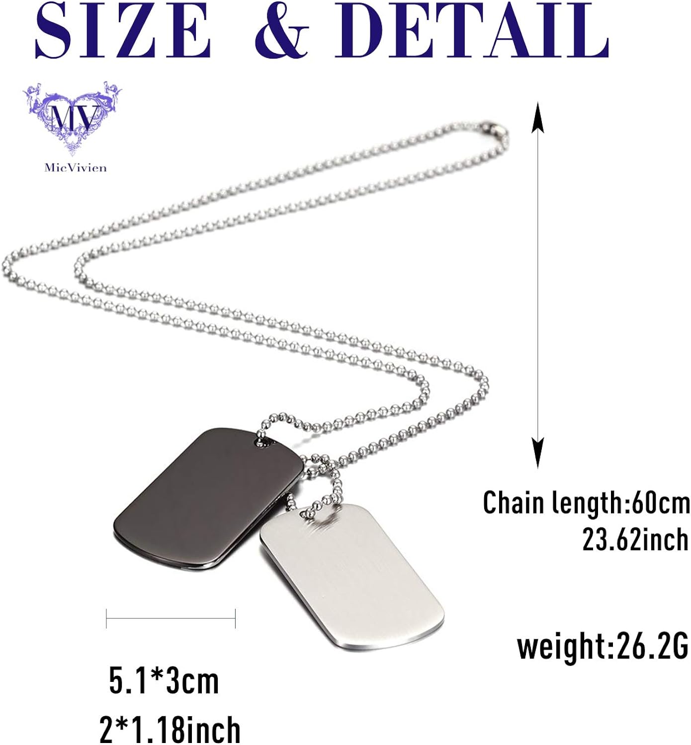 MicVivien Army Style Double Dog Tag Pendant Mens Necklace, Biker 68cm & 10cm Ball Chain, Black, 2.7cm x 4.9cm - Image 4