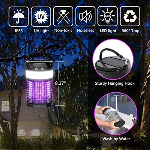 Mosquito Bug Zapper Outdoor, Aukfa Solar Mosquito Killer Lamp Insect Killer and Rechargeable Electric Fly Insect Trap with 3 Lighting Function Waterproof Portable Mosquito Trap for Indoor Camping