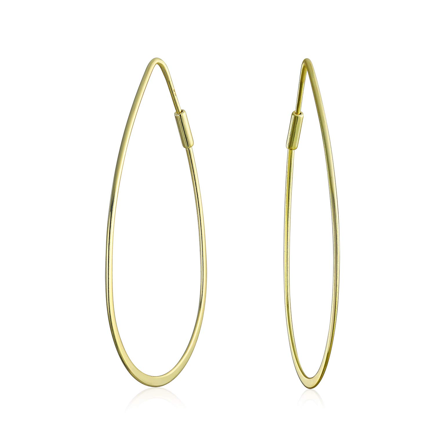 Boho Minimalist Geometric Flat Wire Pear Shaped Endless Lightweight Thin Oval Teardrop Big Hoop Earrings For Women Gold Plated .925 Sterling Silver 1.75 Inch