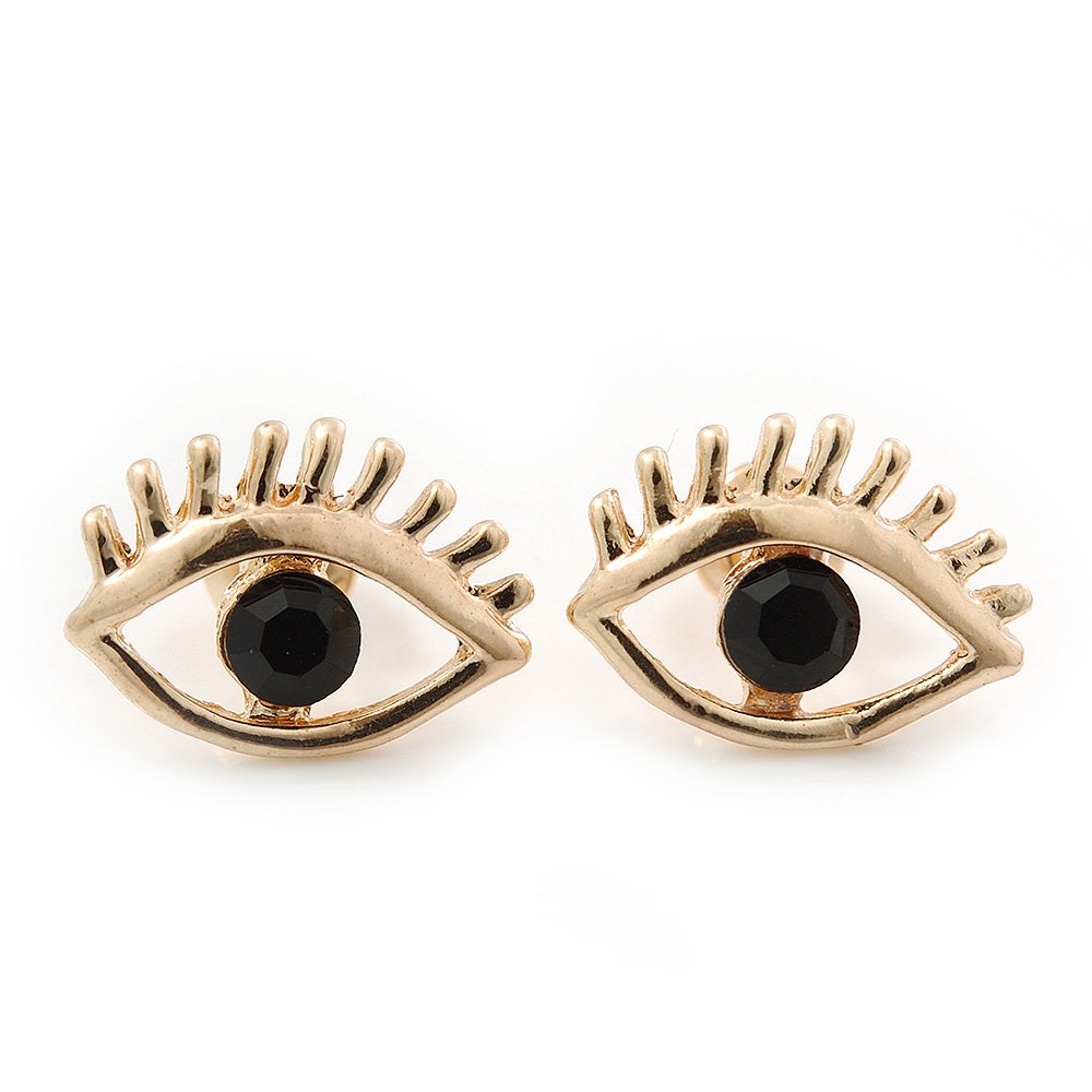 14mm W/Eyes With Black Crystal Stud Earrings/Gold Tone