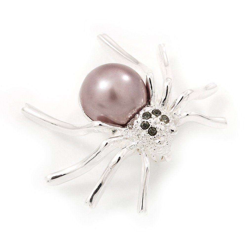 Small Simulated Pearl 'Spider' Brooch In Rhodium Plated Metal -3cm Length