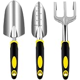 Garden Tool Set, 3 Piece Gardening Tools Includes Garden Trowel, Transplant Trowel and Hand Rake with Non-Slip Ergonomic Handle, Heavy Duty Garden Kit for Planting, Garden Gifts, Yellow