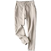 Gihuo Women's Tapered Linen Pants Casual Straight Leg Drawstring Elastic Waist Loose Comfy Joggers Trousers with Pockets