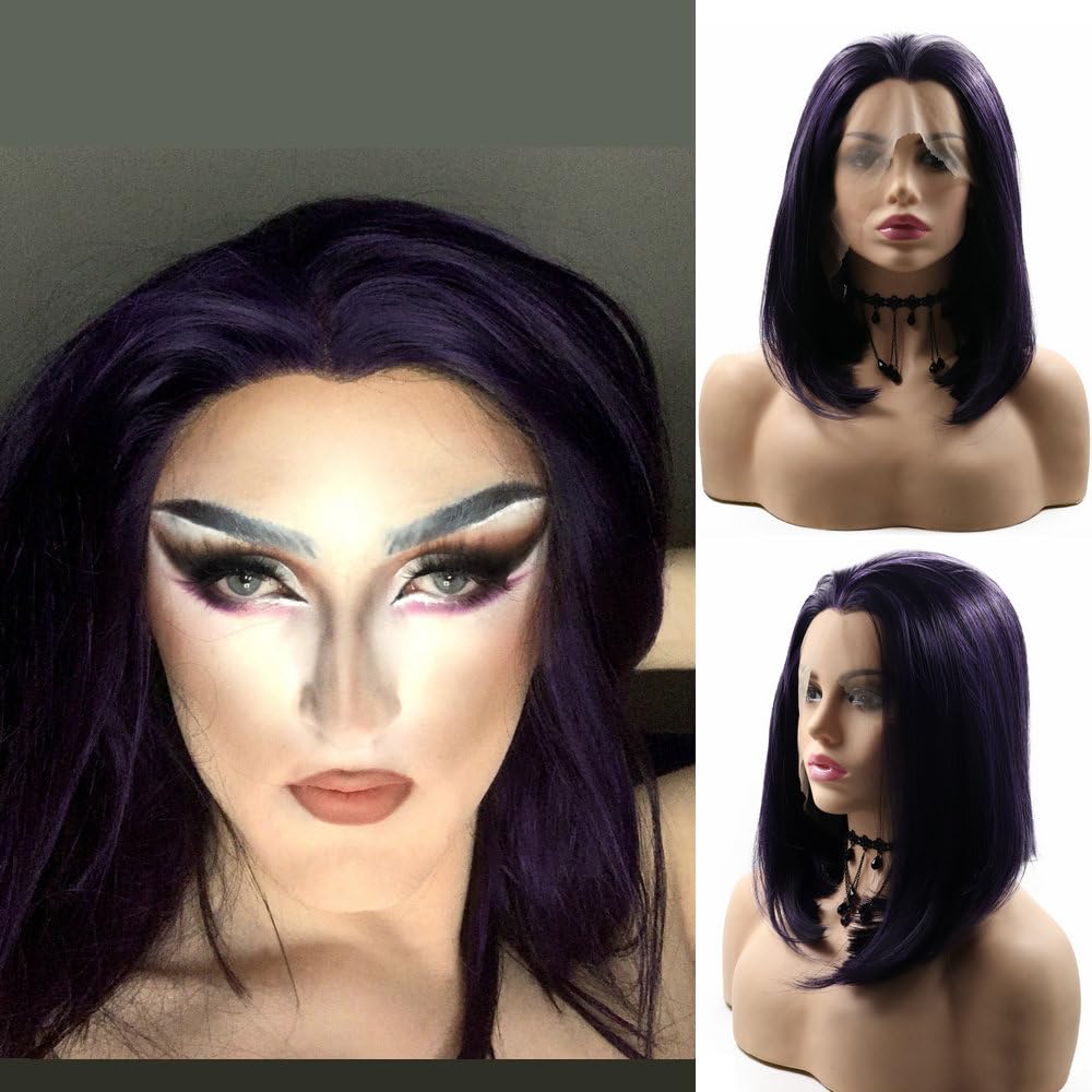SERENEWIG Women's Black/Purple Mixed Short Straight Bob Wig 14" Natural Hairline NO Widow's Peak Synthetic Lace Front Cosplay Wig for Halloween Raven’s Costume Party Wear