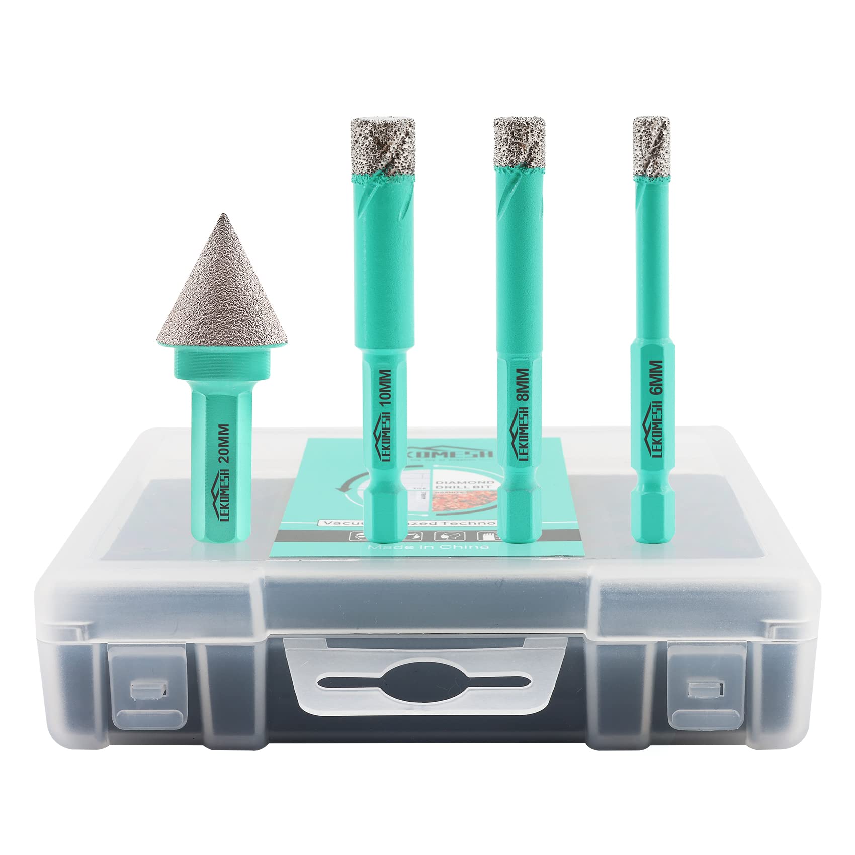 LEKOMESH Diamond Drill Bit Kit - 3pcs 6/8/10MM Diamond Hole Saw & 1pc 20MM Beveling Chamfer Bit with Hex Shank for Porcelain Tile Drill Bits for Ceramic Marble Granite Stone Quartz