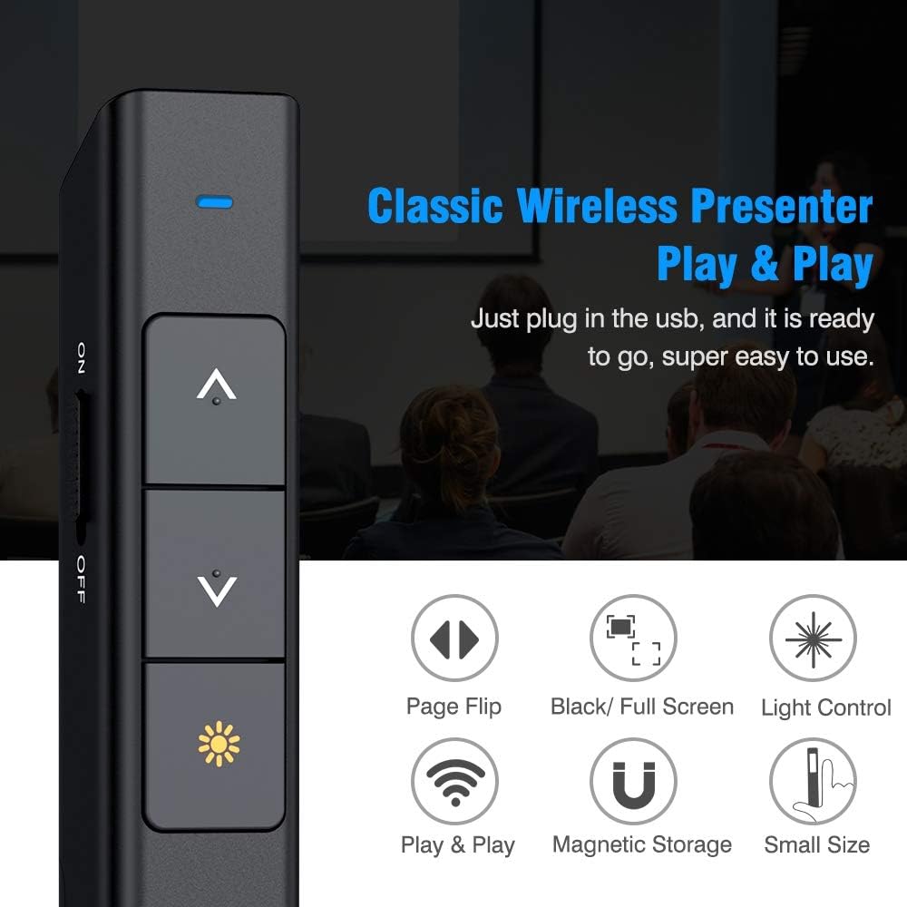 DinoFire Presentation Clicker 100FT Wireless Presenter Remote PowerPoint Clicker Presentation Remote, RF 2.4GHz USB Presentation Pointer PPT Clicker for Mac, Keynote, Laptop, Computer, Google Slides : Electronics