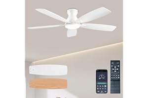 JSAITEE Ceiling Fans with Lights, 52 Inch Low Profile Ceiling Fan with Light and Remote Control, Flush Mount, DC Reversible Motor, Noiseless, White 6 Speeds Ceiling Fan for Bedroom