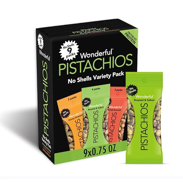 WONDERFUL PISTACHIOS NO SHELLS, 3 FLAVORS MIXED VARIETY PACK OF 9 (0.75 OUNCE), ROASTED & SALTED NUTS (4), CHILI ROASTED (3), HONEY ROASTED (2), PROTEIN SNACKS, GLUTEN FREE, PANTRY STAPLES, HEALTHY SNACKS VARIETY PACK FOR ADULTS