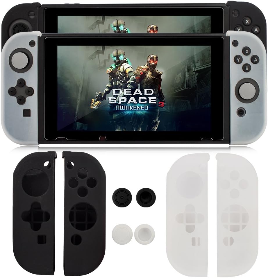 Silicon Case for Nintendo Switch Joy-Cons Gamepad , CBSKY Soft Anti-slip Silicone Protective Cover Skin with 4 pcs Thumb Grips Caps for Nintendo Switch Joy-Con Controller（Black & Wihte）