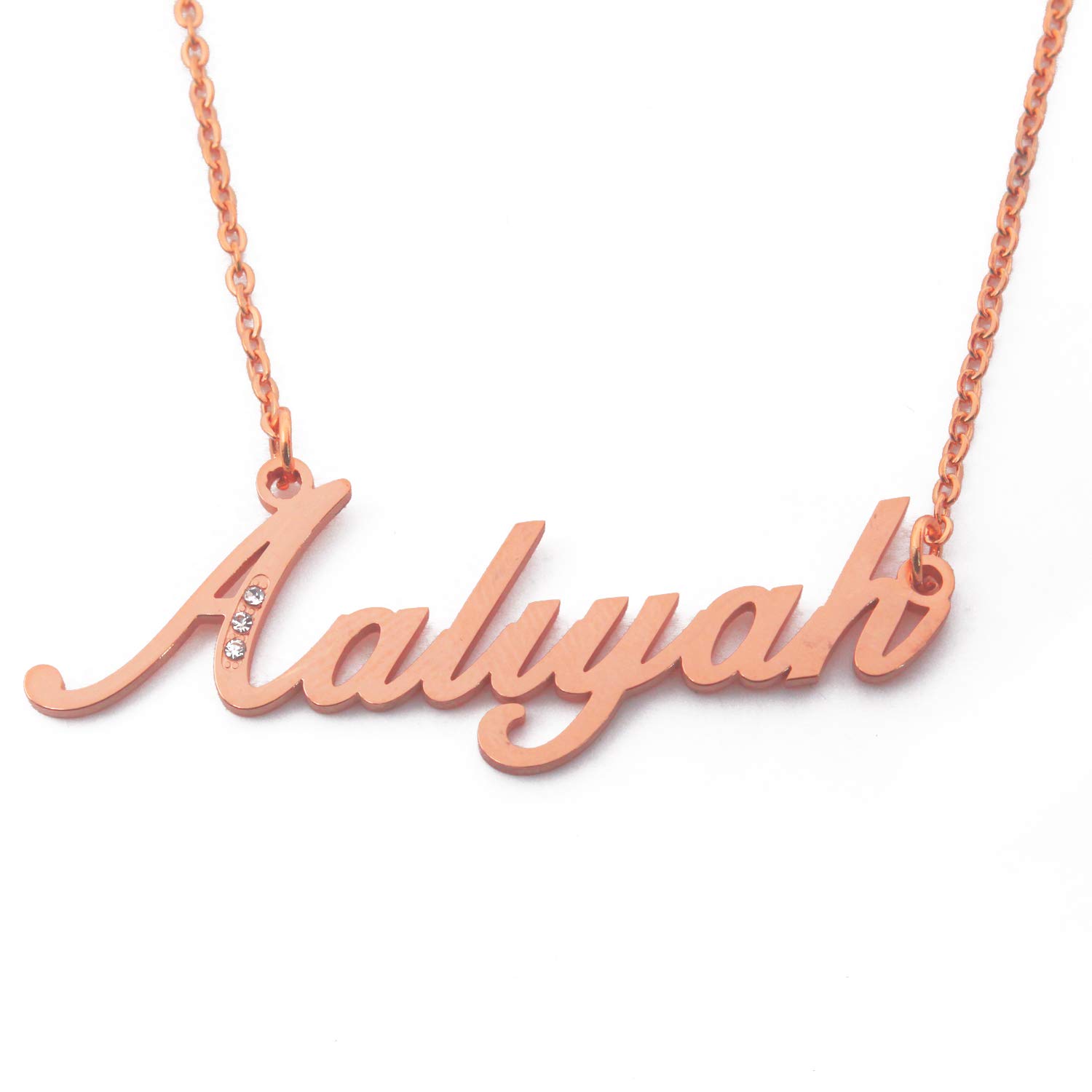 Kigu Aaliyah Name Necklace Personalised Rose Gold Plated Inc Crystals, Custom Dainty Name Pendants, Jewellery for Ladies, Girlfriend, Mother, Sister, Friends Inc Bag & Box