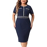 Agnes Orinda Plus Size Dresses for Women Button Crew Neck Vintage Wear to Work Office Party Bodycon Pencil Dress