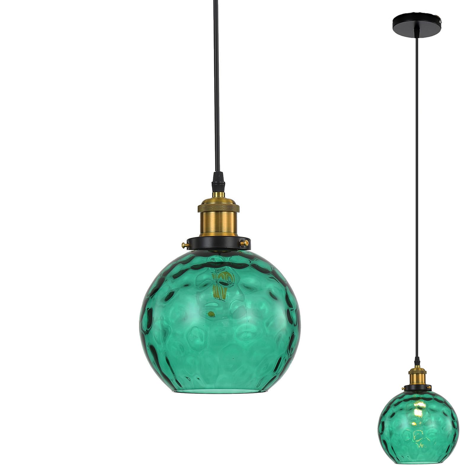 LFsem Vintage Spherical Glass Pendant Light, Stained Globe Glass Shade, E27 Bronze Base, Industrial Ceiling Pendant Lamp for Bedroom, Dining Room & Kitchen (Green, 15cm)
