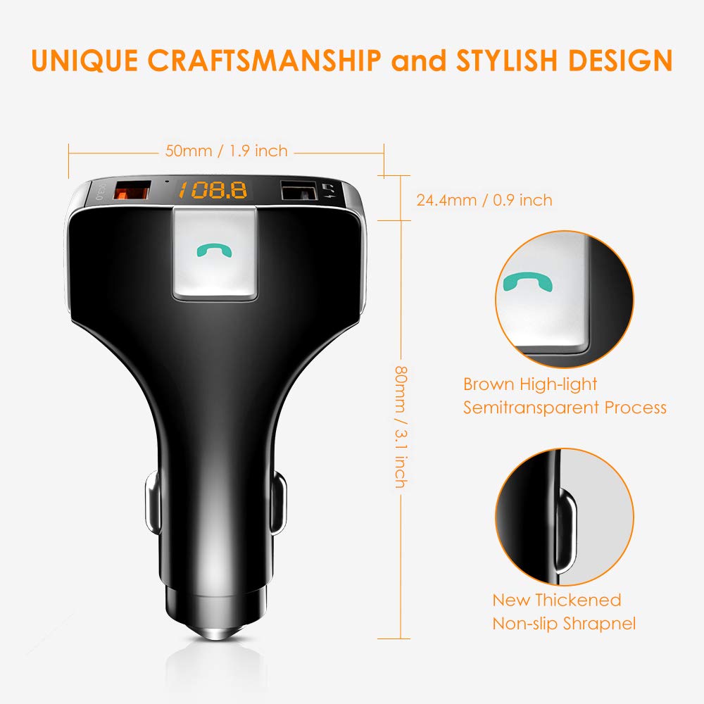 bedee FM Transmitter Bluetooth 5.0 with QC3.0 Charger for Car, Wireless FM Transmitter Car Radio Audio Adapter, Handsfree Car Kit with Dual USB Charging Ports, LED Display, USB Flash Drives Reader