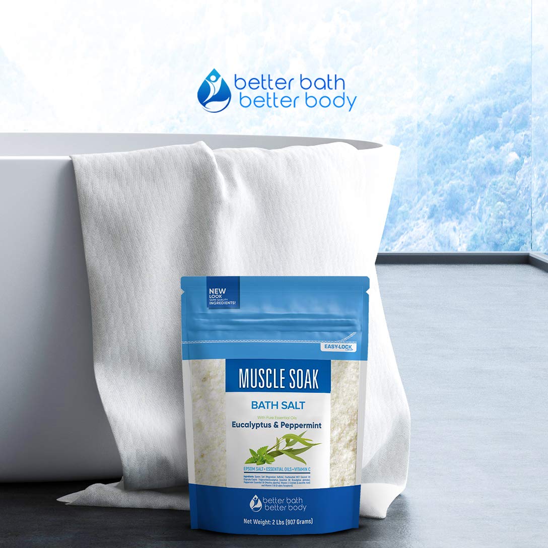 Muscle Soak Bath Salt 32 Ounces Epsom Salt with Natural Peppermint and Eucalyptus Essential Oils Plus Vitamin C in BPA Free Pouch with Easy Press-Lock Seal: Health & Personal Care