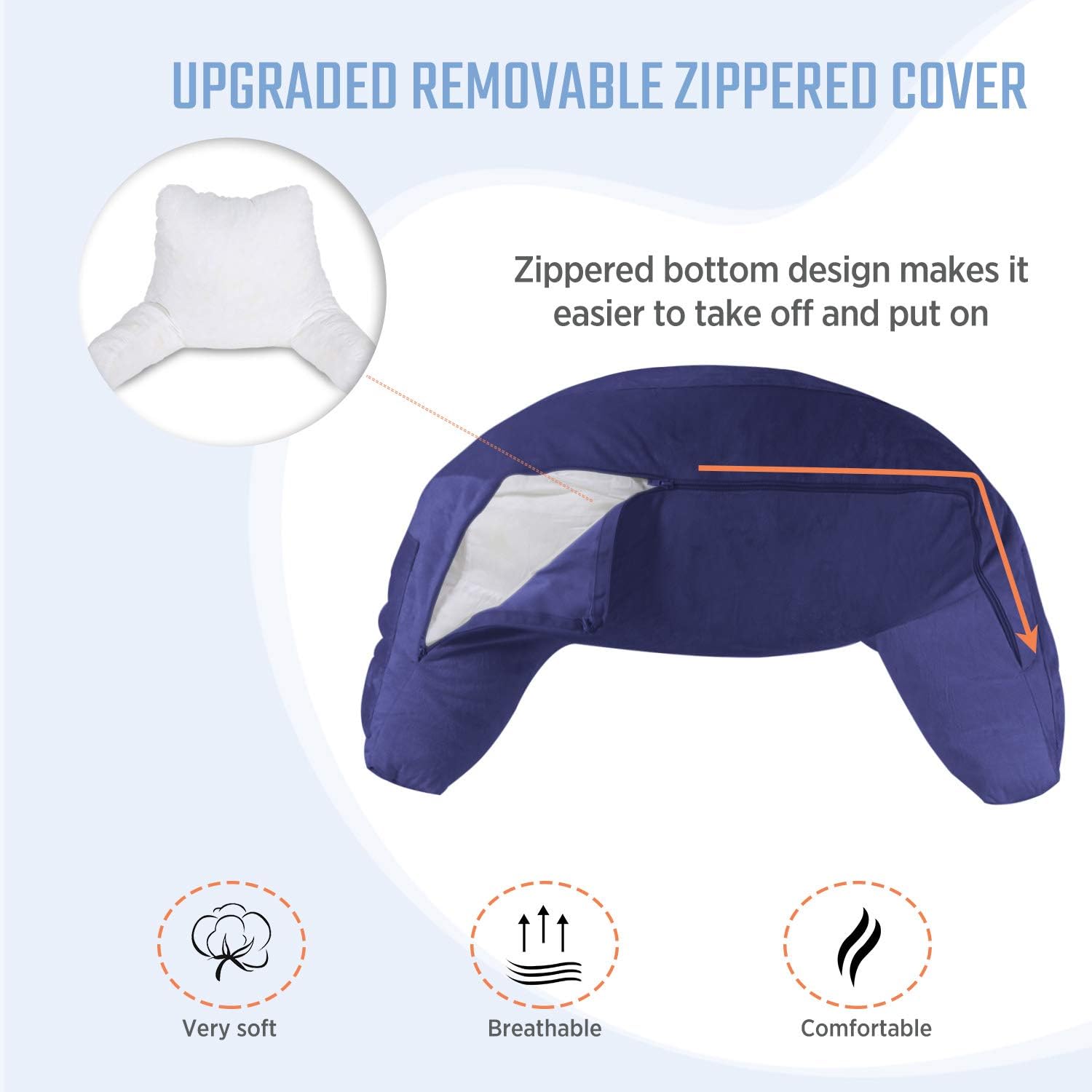 EAGLE PEAK Medium Shredded Memory Foam Reading Pillow, Bed Rest Pillow with Arms and Pockets, Removable Cover, Back Support Cushion for Adults, Teens While Reading, Watching TV, Relaxing (Navy Blue): Home & Kitchen