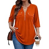 Amrto Plus Size Tops for Curvy Women Zip Front V Neck Shirts Business Casual Blouse Work Interview Dressy Clothes(XL-5XL)