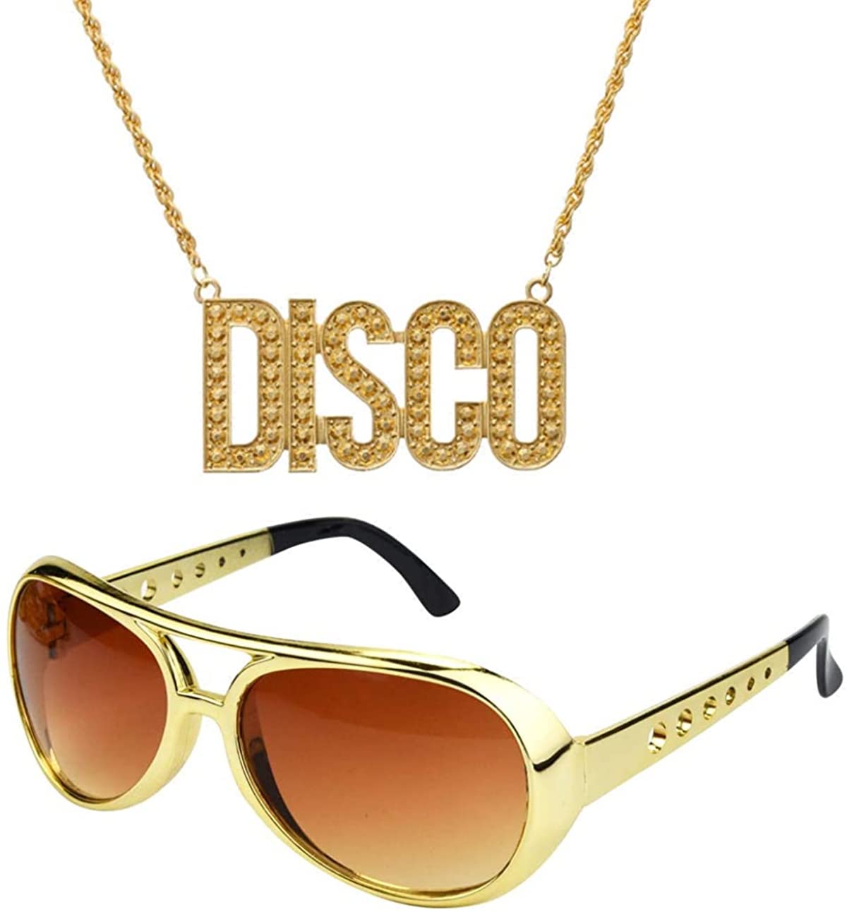2pcs Gangster Chain and Glasses Gold 70s 80s 90s Disco Hustler Rapper Hiphop Costume Bath Button for Cosplay Costume Halloween Carnival Theme Party