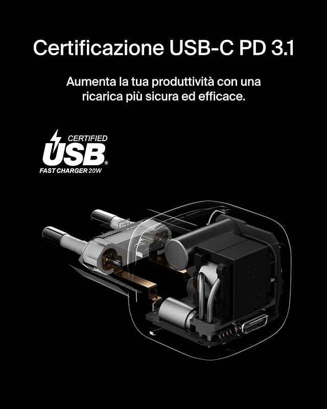 BoostCharge Caricabatteria da parete compatto da 20 W, ricarica rapida USB-C Power Delivery per Apple iPhone 16, Samsung Galaxy S25, iPad, AirPods e altri, cavo da USB-C a C incluso, bianco