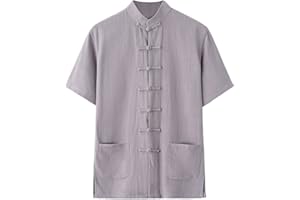 Men's Kung Fu Shirt, Short Sleeve Cotton Linen Traditional Chinese Tang Suit with Collar Frog Buttons