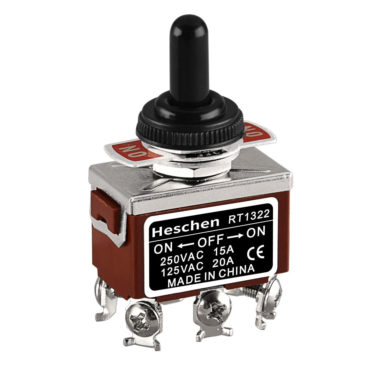 Heschen Metal Toggle Switch, RT1322, DPDT, maintained, ON/OFF/ON 3 Position, 15A 250VAC, with Waterproof Cover, CE