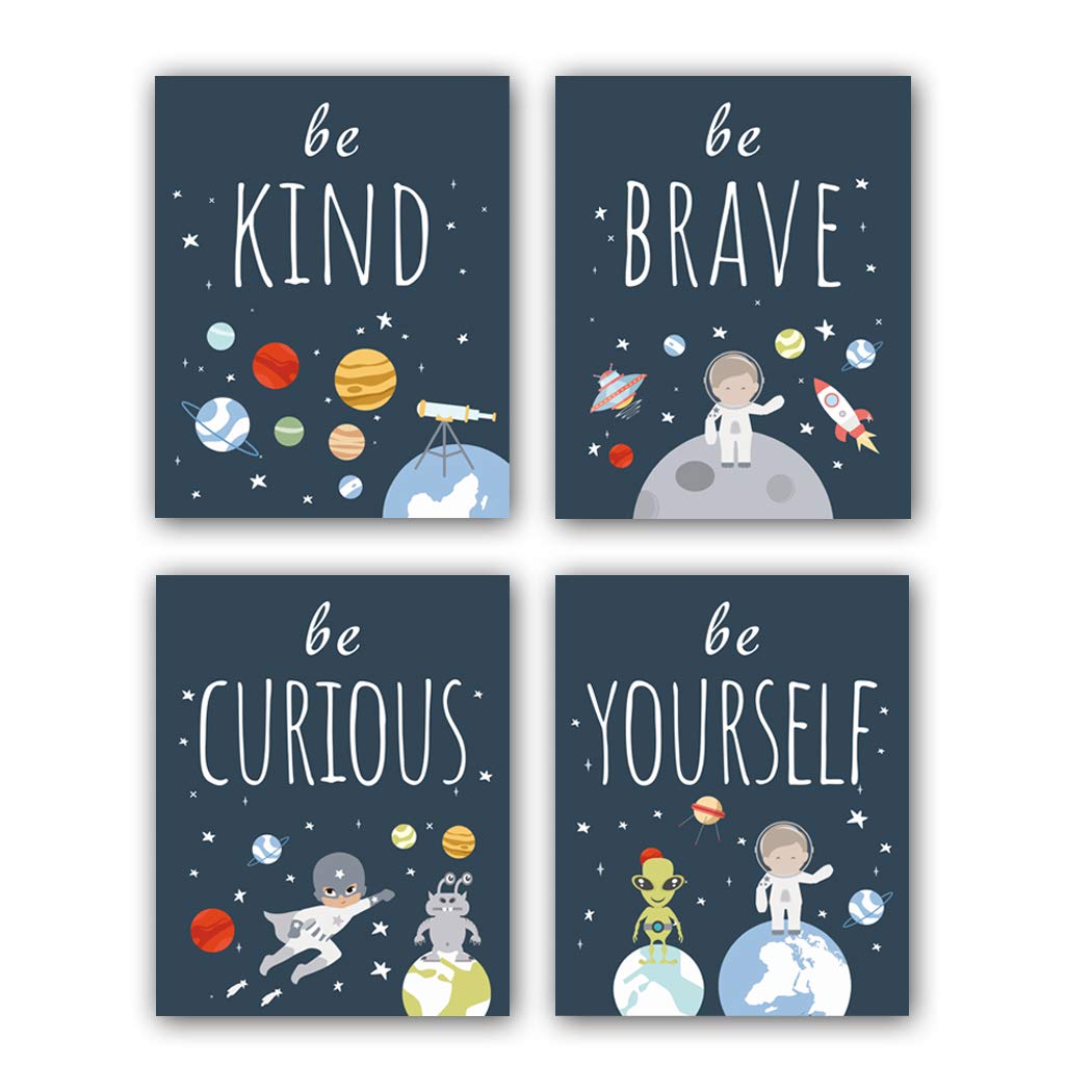CHDITB Unframed Inspirational Art Print, Outer Space Planet Wall Art Painting, Set of 4 (8"x10") Be Kind Quote Canvas Posters for Boys' Nursery Decor, Kids' Space Decor Accessories