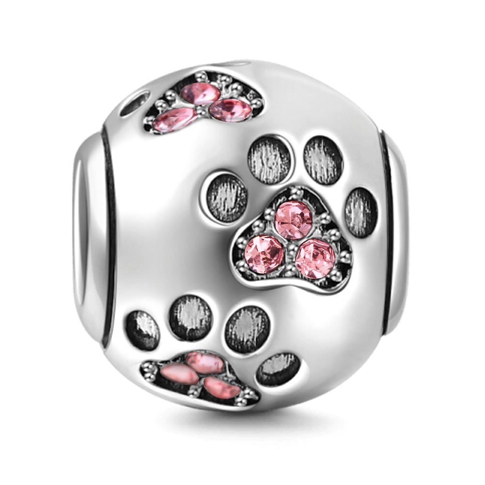 Dog Paw Charm 925 Sterling Silver Footprint Charm Animal Charm Birthday Charm Pet Charm for Pandora Bracelet (Pink)