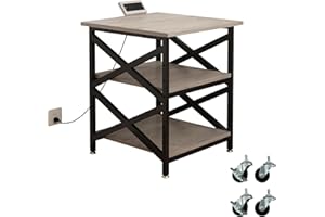 METYERRY Large Printer Stand with Power Outlet, with Height Adjustable Storage Shelf, 3 Tier Rolling Printer Cart with Industrial Wheels, 23.6 x 23.6 Inches Printer Table for Home Office, Greige