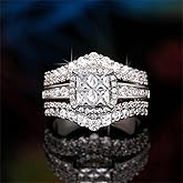 925 Sterling Silver Shiny Full Diamond Gemstone Ring 18K Gold Cubic Zirconia Promise Rings CZ Diamond Multi Row Halo Cocktail Rings Eternity Engagement Wedding Band Ring for Women Z.69 (US Code 6)