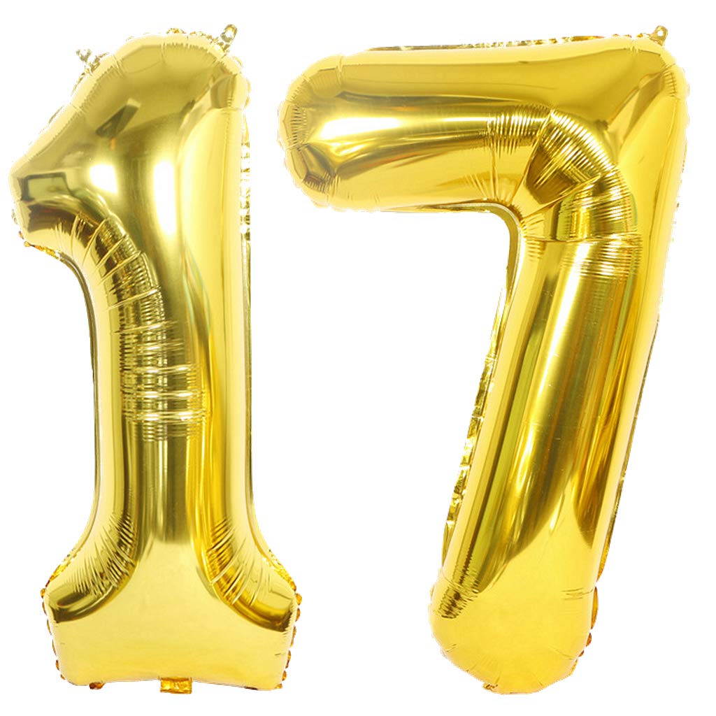 Ouceanwin 2 Balloons Number 17 Gold Giant Foil Balloon Number 17 XXL Helium Balloons Inflatable in 40 Inches Number Balloon 17 Gold for Birthday, Wedding, Anniversary Party Decoration (100 cm)