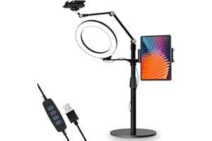 viozon 3-in-1 Selfie Desktop Live Stand, Height Adjustable/Overhead, 8" LED Ring Light, Compatible with 3.5-13" Tablet& Phone, Suitable for YouTube/Tiktok/Recording/Streaming/Online Meeting-B