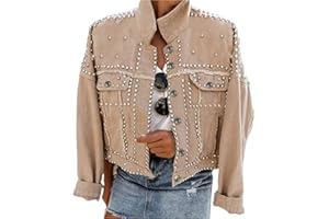 Omoone Women's Long Sleeve Rivet Studded Denim Jacket Casual Washed Pearl Short Jean Coat