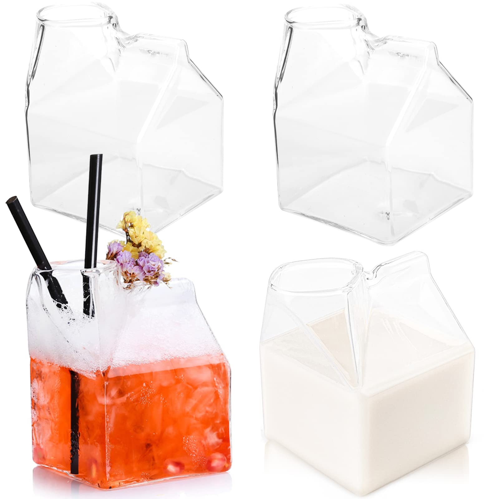 Photo 1 of WUWEOT 4 Pack Glass Milk Carton, Clear Square Cocktail Glasses, Mini Cup Creamer Pitcher Coffee Box for Milk, Coffee, Water, Juice, Beverages, Heat Resistant, 12OZ/350ml