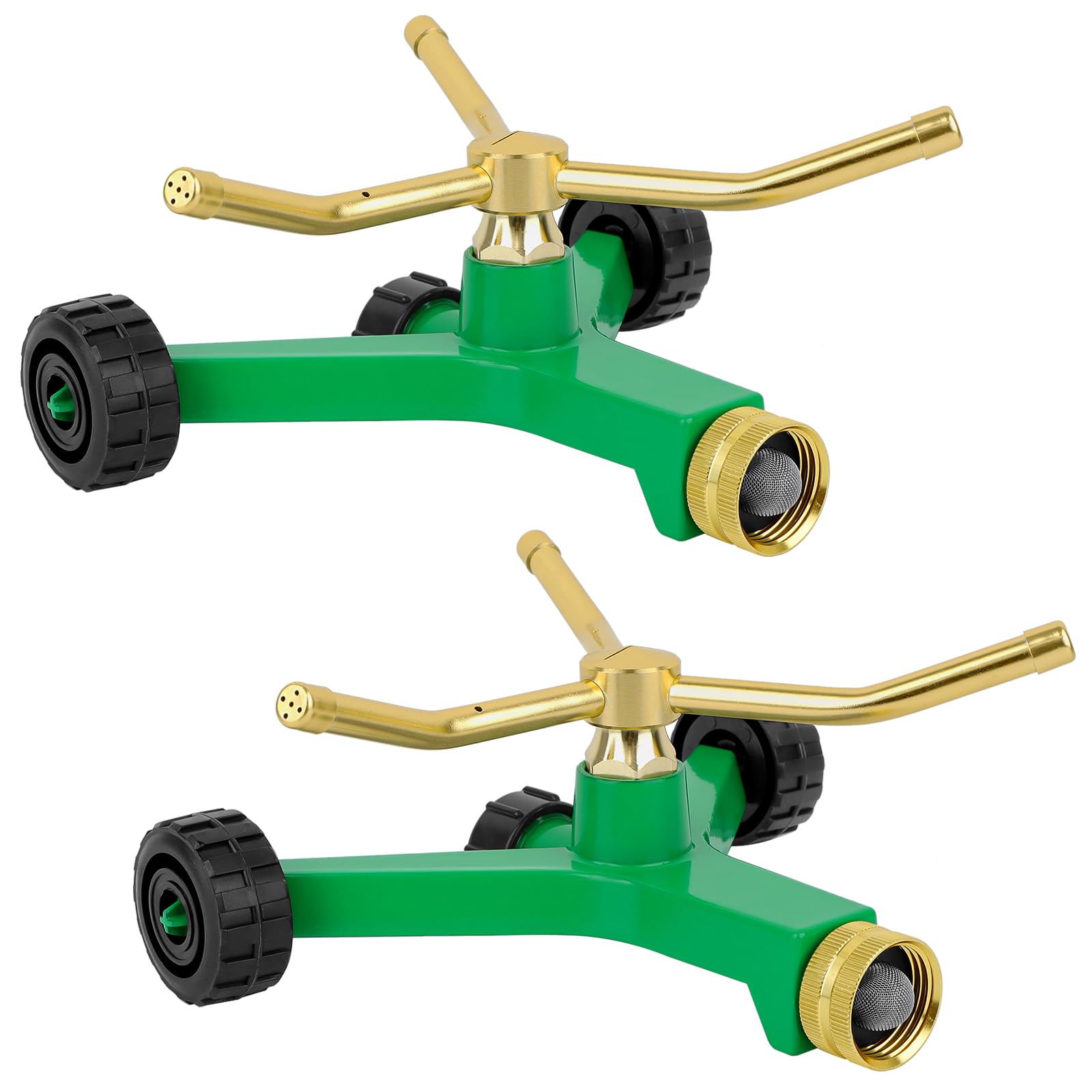 Photo 1 of [2 Pack] RESTMO 3-Arm Metal Sprinkler with Wheel Base, 360 Degree Automatic Rotary Lawn Sprinkler System for Garden Plant, Flower Bed and Yard Watering and Large Yard Area Watering