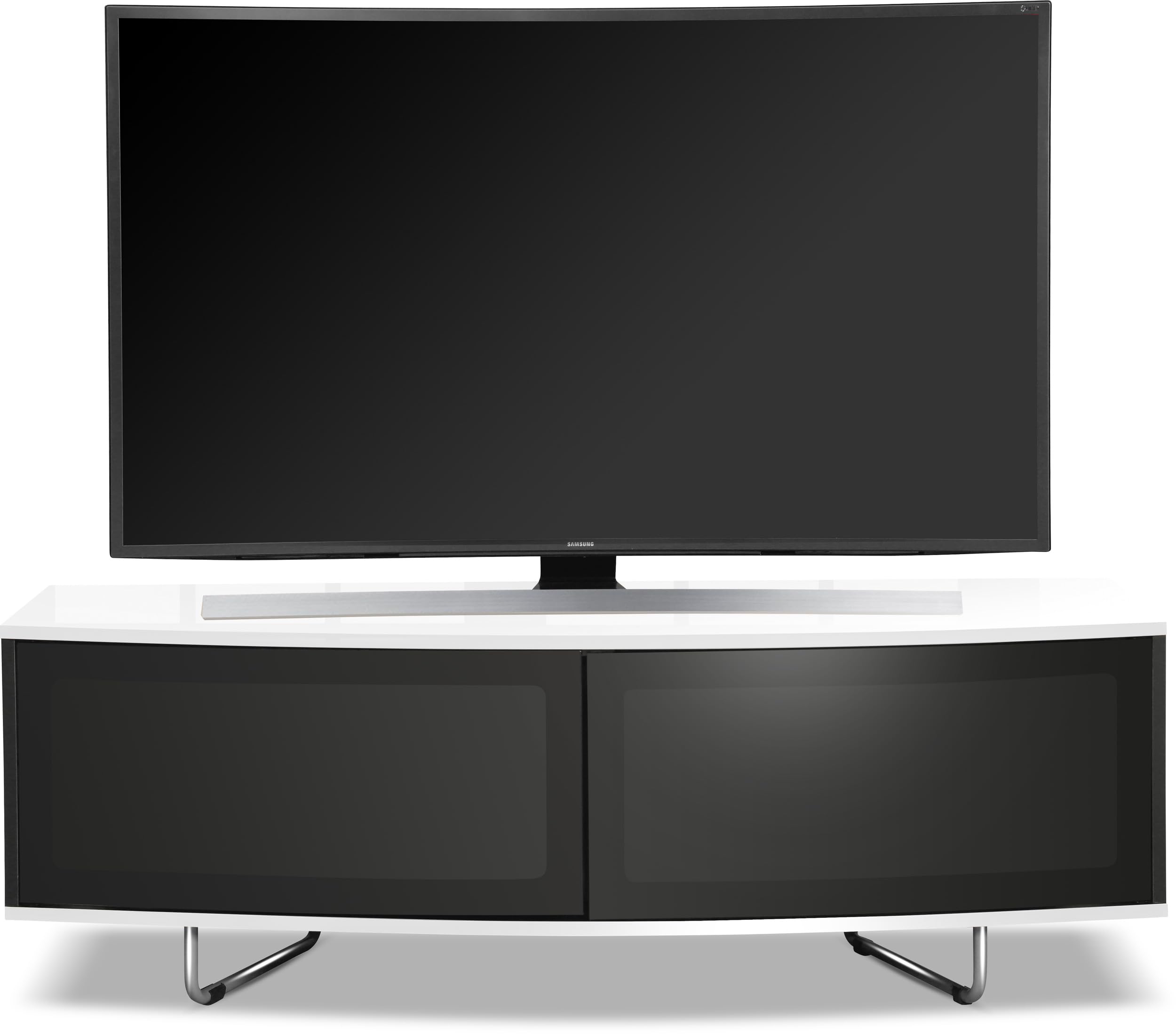 Homeology Caru Gloss Black and Gloss White Beam-Thru Remote Friendly Super-Contemporary D Shape Design 32"-65" LED/OLED/LCD TV Cabinet