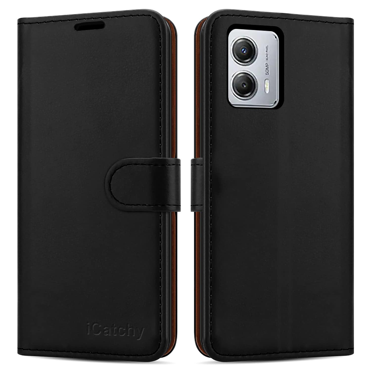 iCatchy Case for Motorola Moto G13 / G23 / G53 5G Leather Wallet Book Flip Folio Stand View Cover with Card Slots and Kickstand Phone cover (Black)