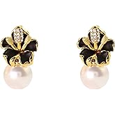JDONL Flower Pearl Stud Earrings for Women Rhinestone Oil Drip Floral Pearl Earrings Formal Jewelry