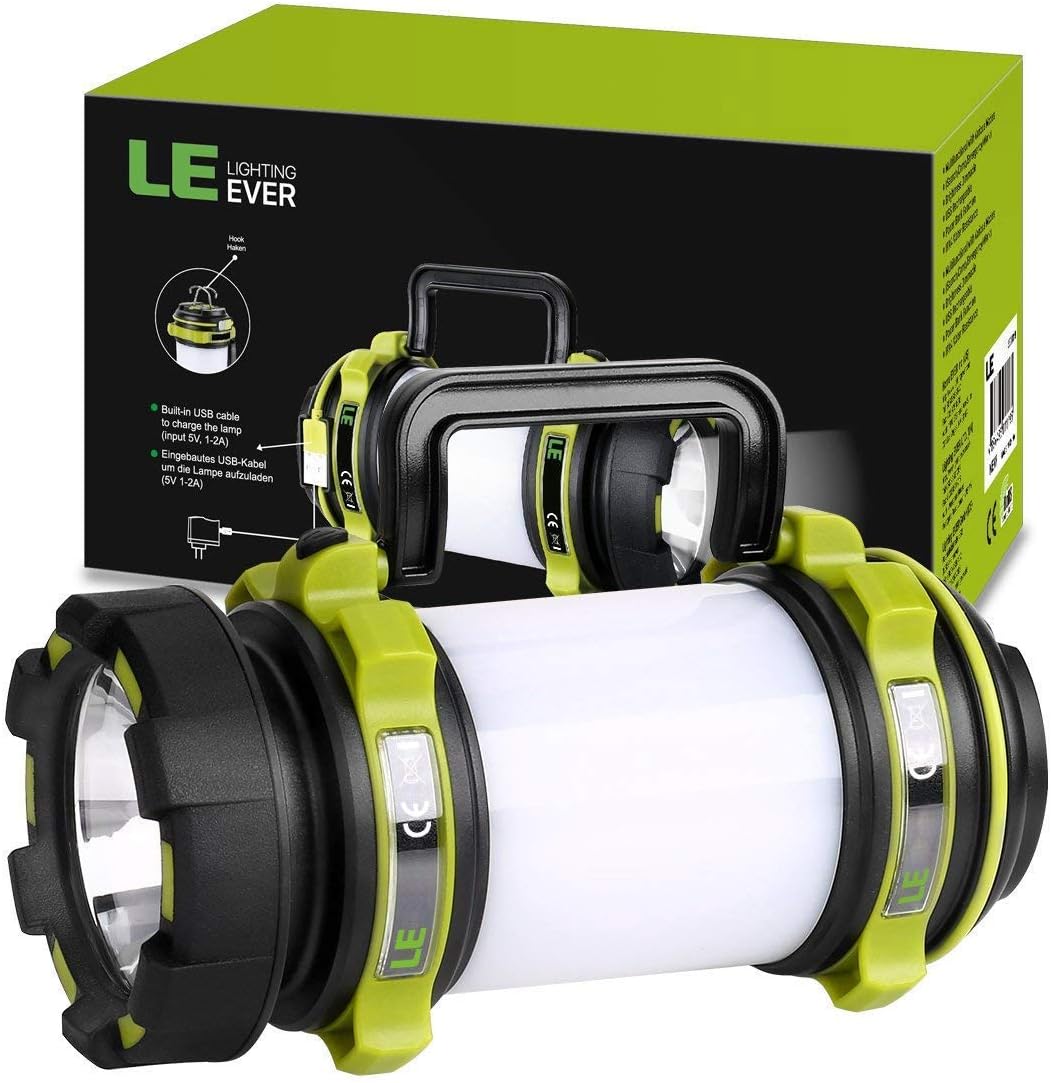 LE LED Camping Lantern Rechargeable, Brightest Flashlight with 500LM, 4 Light Modes, 2600mAh Power Bank, IPX4 Waterproof, Perfect for Hurricane Emergency, Outdoor, Hiking and Home, USB Cable Included: Sports & Outdoors