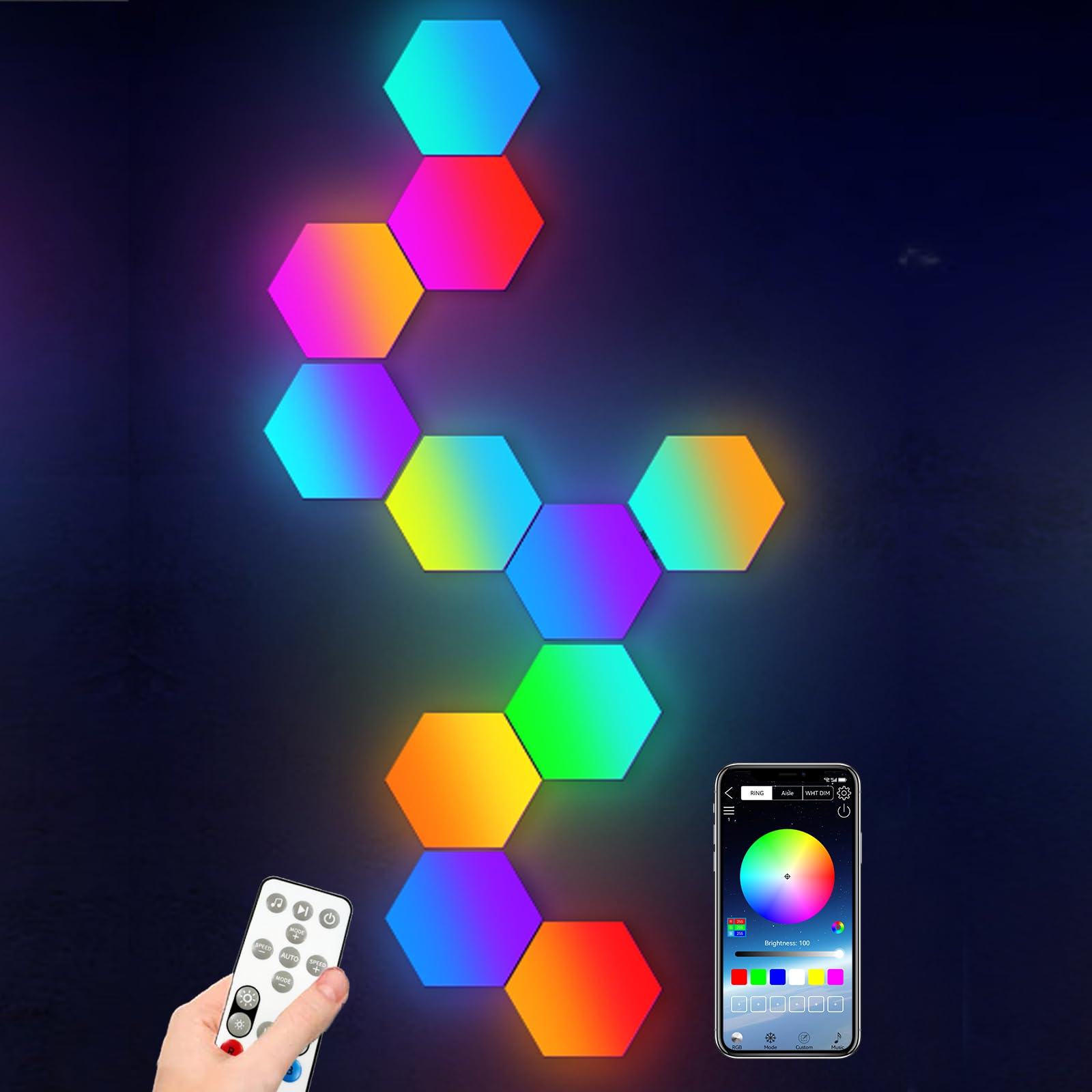 Hexagon Lights Sync with Music,Smart LED Wall Lights with Remote Built-in Mic 16 Million Colors Modular Light Panels DIY Geometry Splicing Quantums Night Light for Bedroom Bar Cafe Decor,6 Pack
