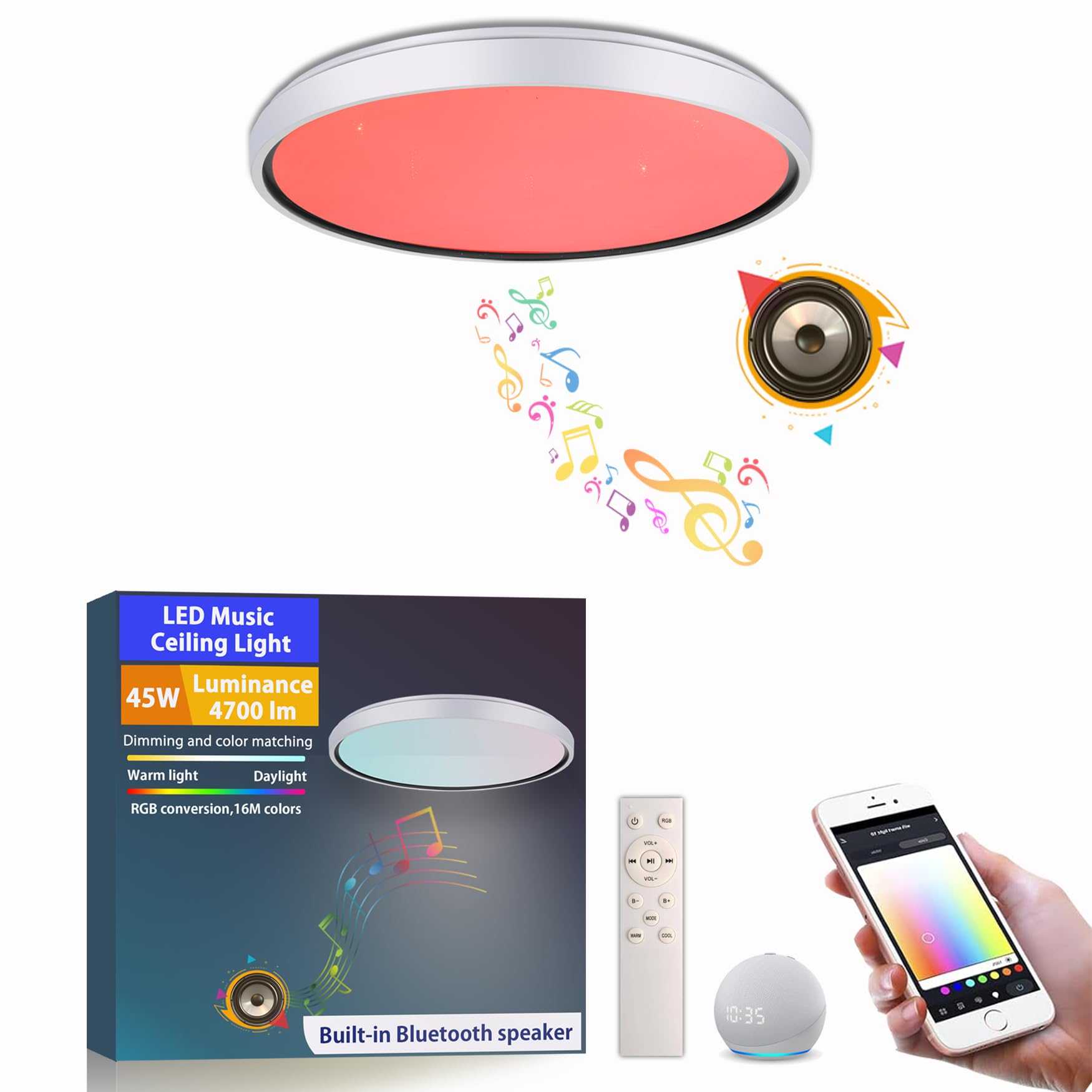 chysongoods 40CM YB LED Music Ceiling Light, White Frame Effect lampshade, Alexa Compatible, Built-in Bluetooth Speaker, RGB Lighting Effect, dimmable, Comes with Remote Control